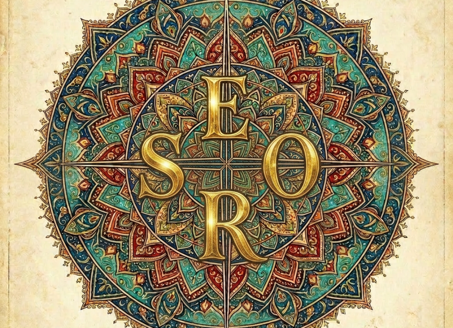 Mandala compass rose with ornate blue, gold, and red patterns and cardinal directions