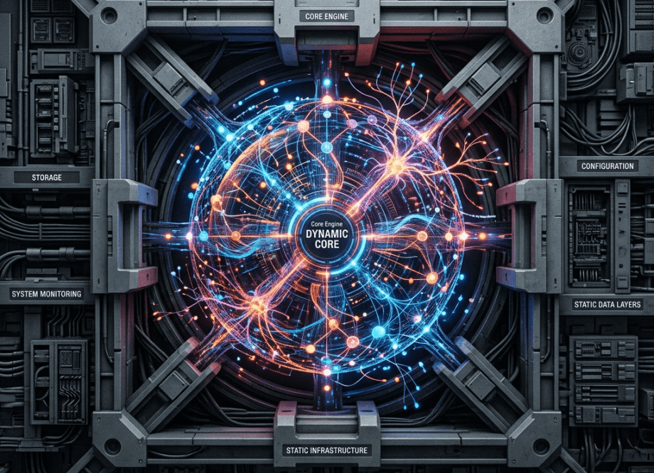 Dynamic core engine with interconnected blue and orange neural-like nodes inside a mechanical structure