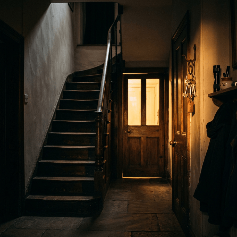 Wooden staircase in dim hallway with warm light from door and keys hanging on wall hook