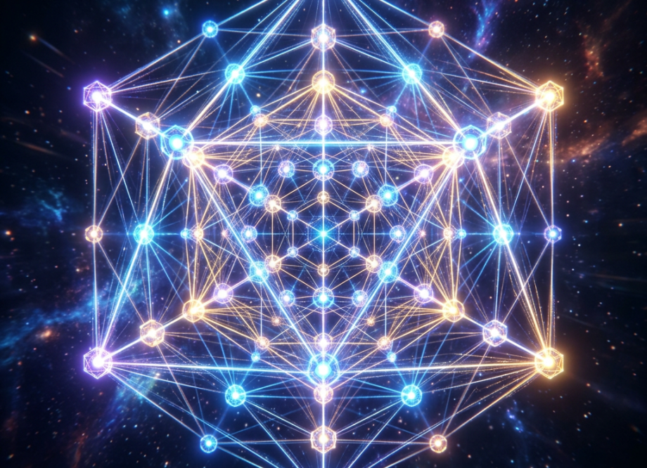 Intricate glowing geometric network of interconnected blue and orange nodes in space
