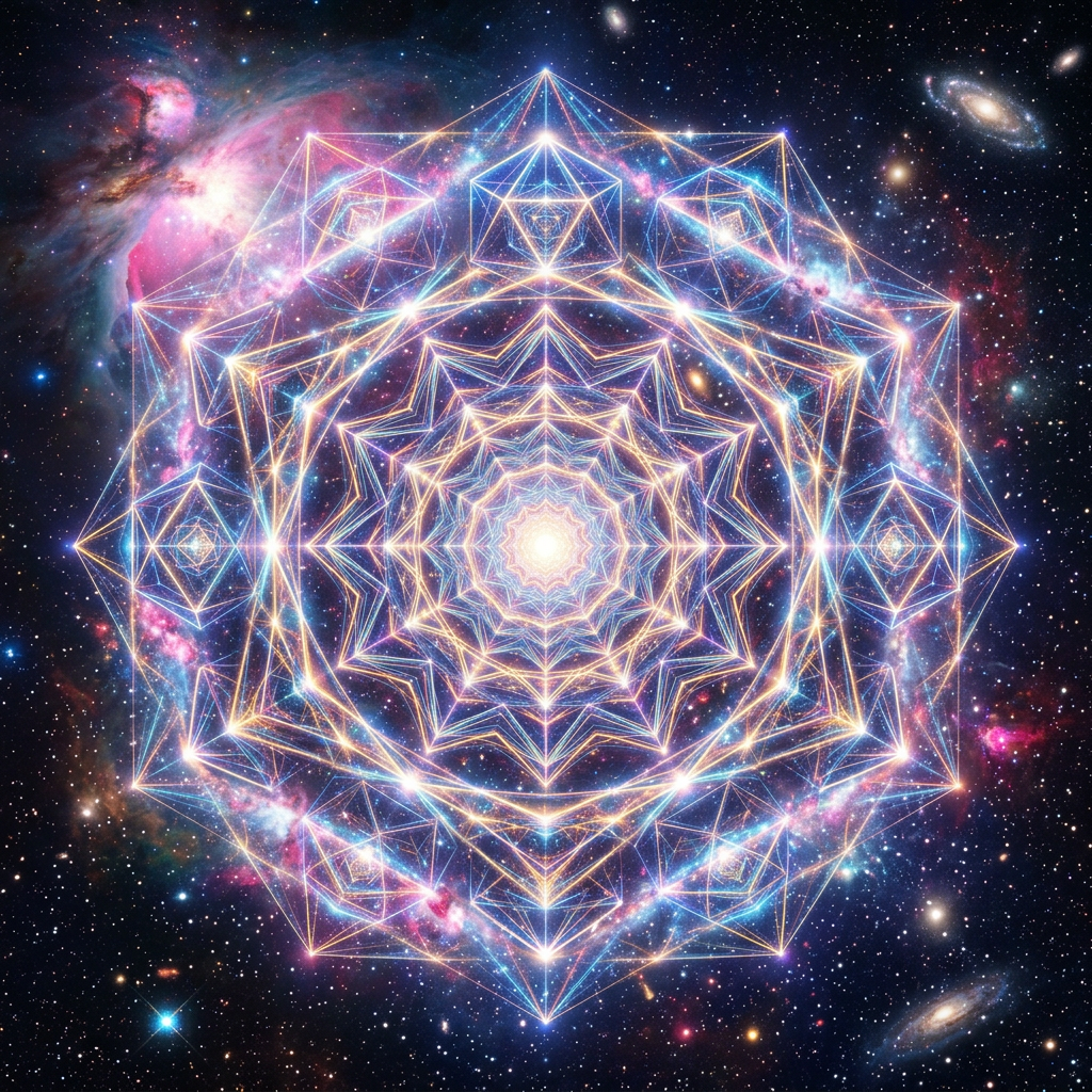 Bright geometric mandala composed of interconnected light lines on a colorful space background with stars and galaxies