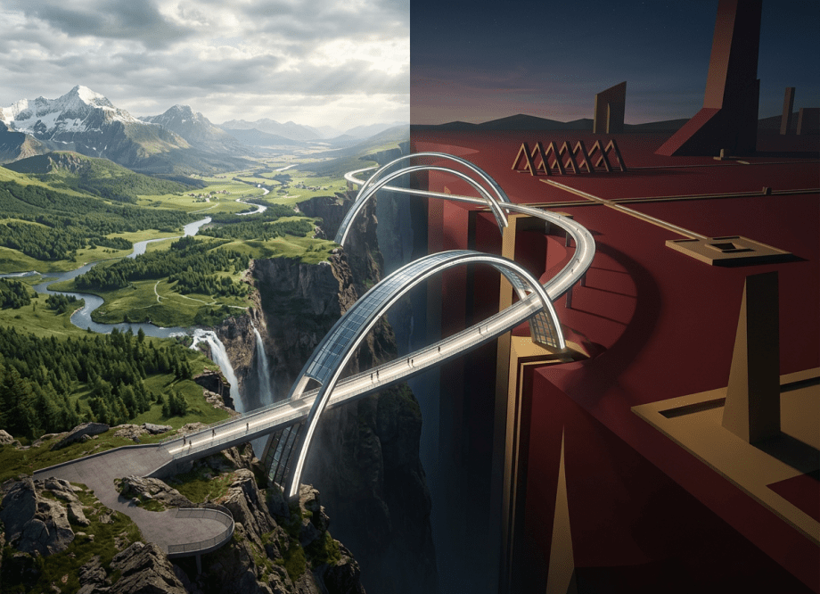 Futuristic arched bridge linking green valley with river and mountains to abstract red plateau with geometric structures