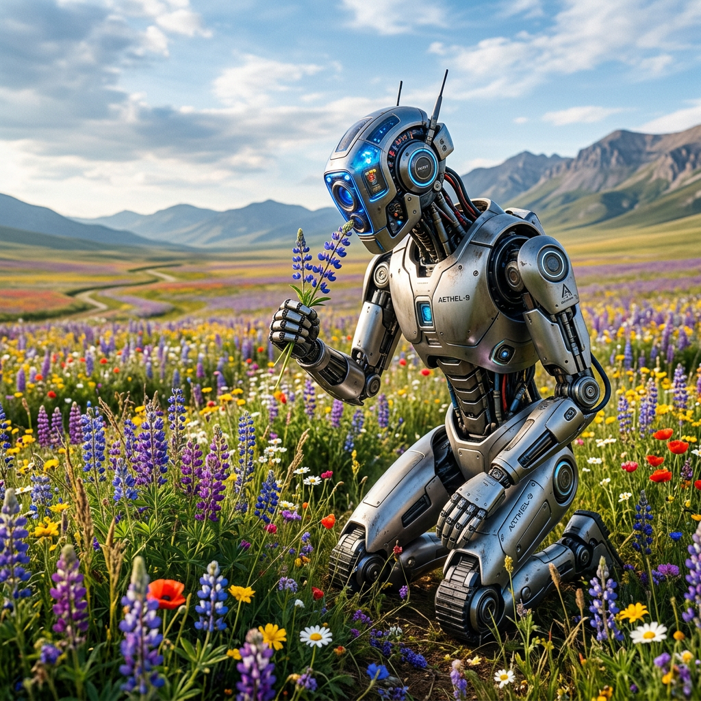 Robot kneeling in a meadow filled with wildflowers, holding a purple flower.