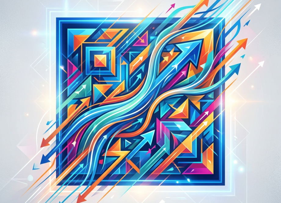 Abstract geometric pattern with blue, orange, and purple arrows flowing outward from a central square