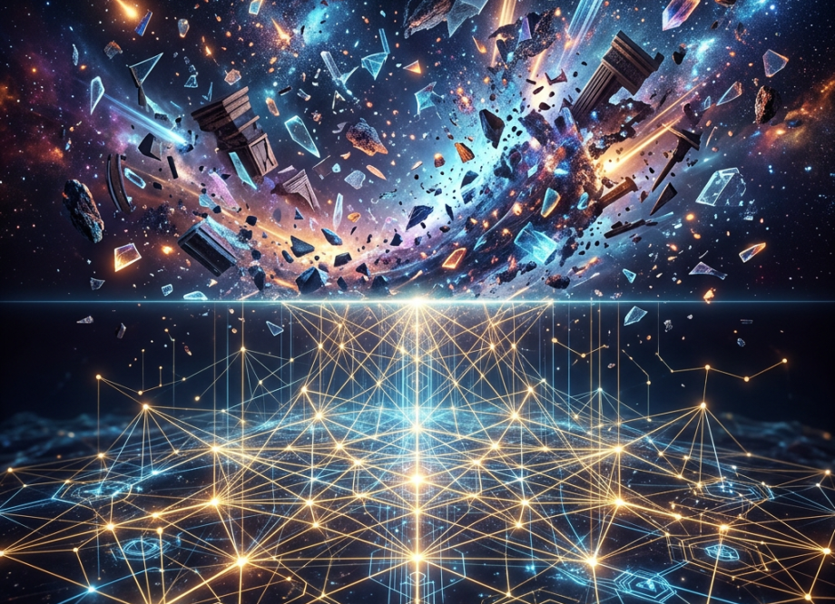 Cosmic debris exploding over a digital network grid with interconnected glowing nodes
