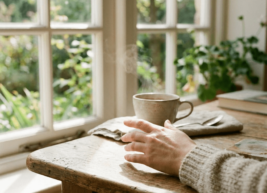 Hand reaching for steaming cup of tea on wooden table near window with plants