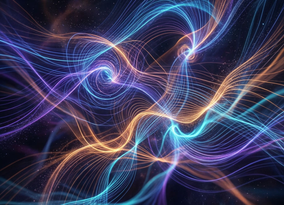 Swirling flowing lines of blue, purple, and orange light creating interconnected wave patterns against a dark starry background