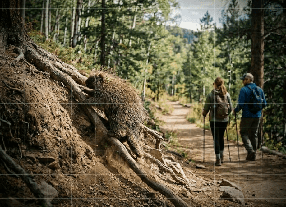 Porcupine climbing a tree root beside a hiking trail with two hikers walking in background