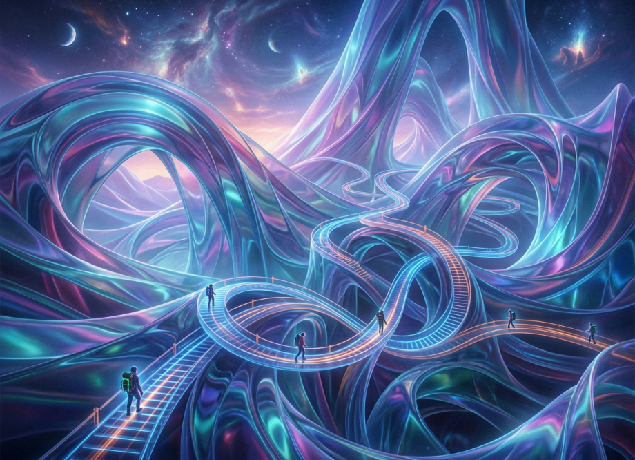 People walking on illuminated futuristic pathways winding through a surreal cosmic landscape with vibrant colors and stars